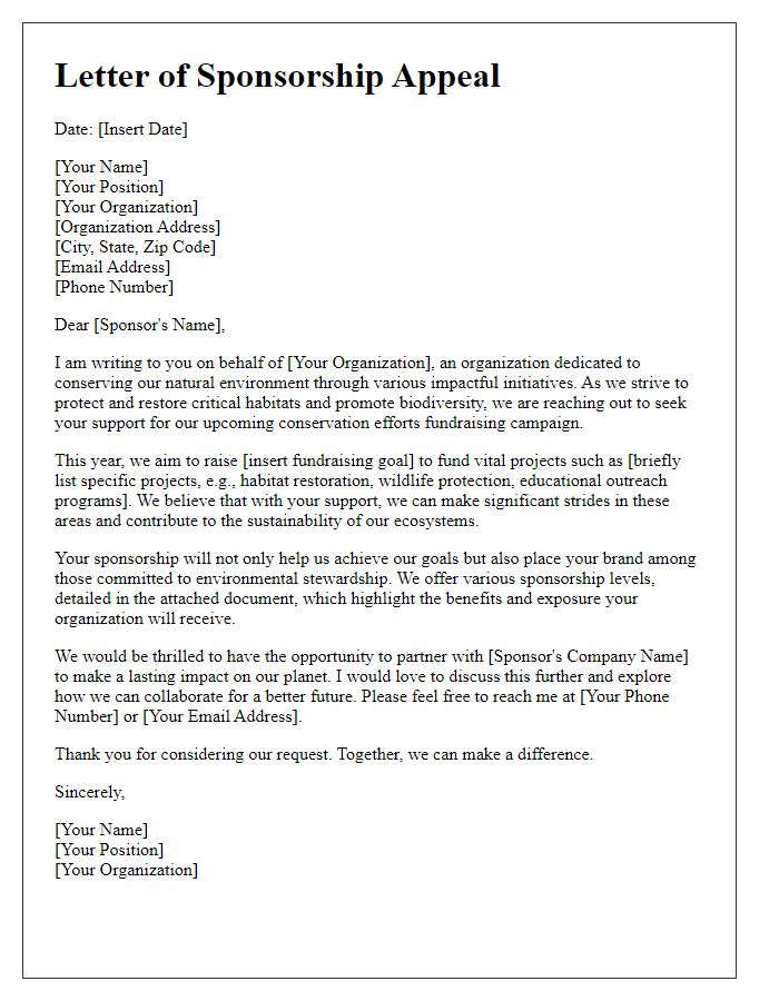 Letter template of sponsorship appeal for conservation efforts fundraising request.