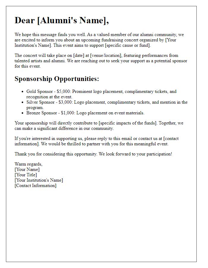 Letter template of fundraising concert sponsorship for alumni networks.