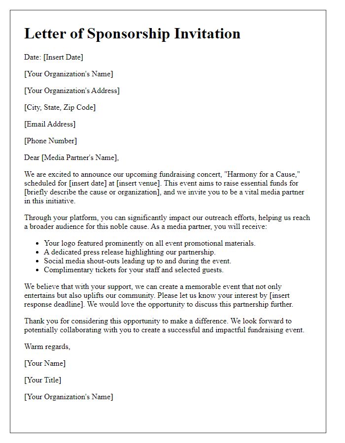 Letter template of fundraising concert sponsorship to attract media partners.