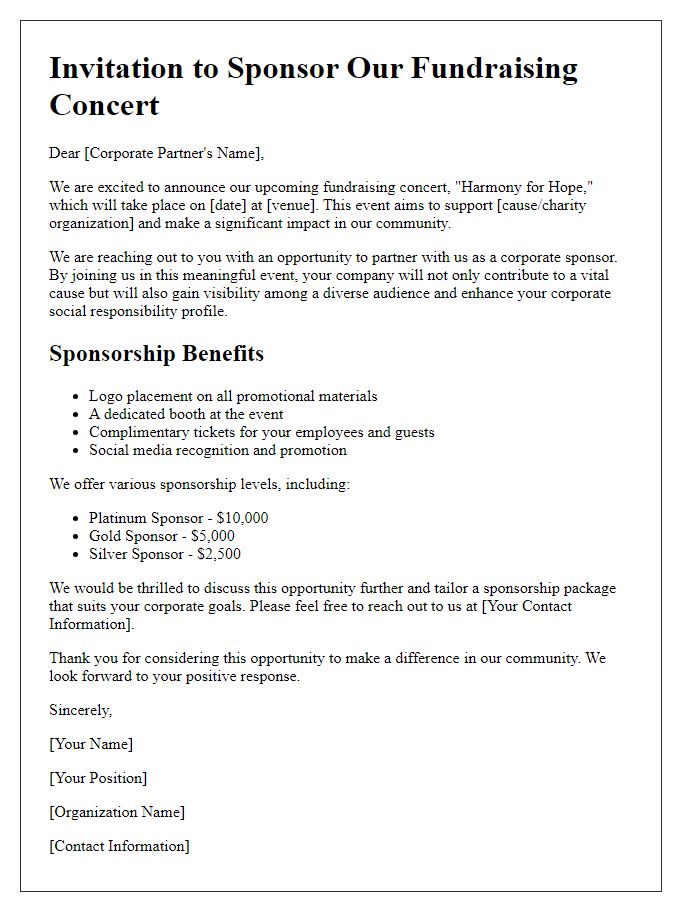 Letter template of fundraising concert sponsorship for corporate partners.