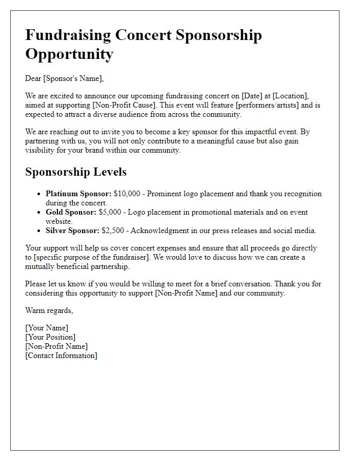 Letter template of fundraising concert sponsorship for non-profit collaboration.