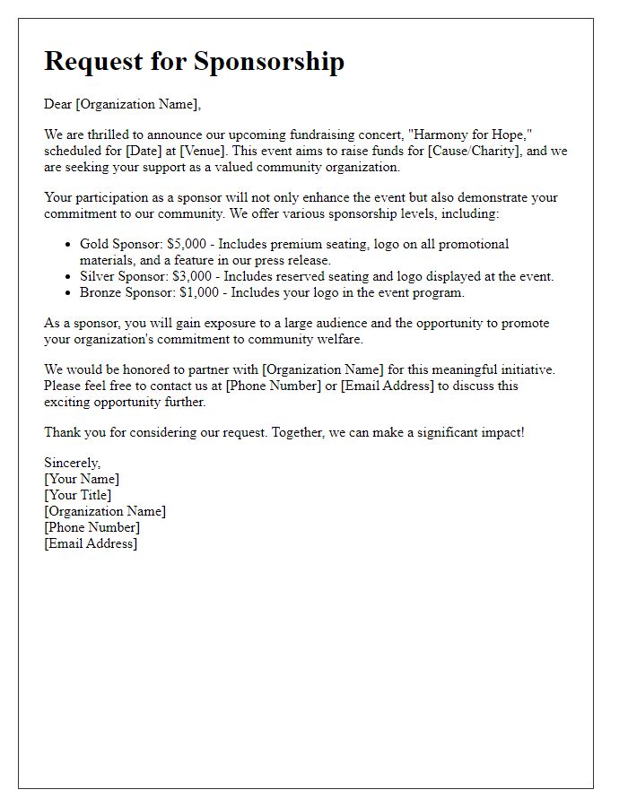 Letter template of fundraising concert sponsorship targeting community organizations.