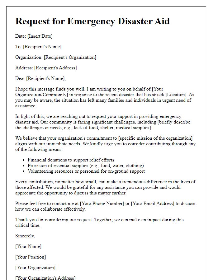 Letter template of call to action for emergency disaster aid.