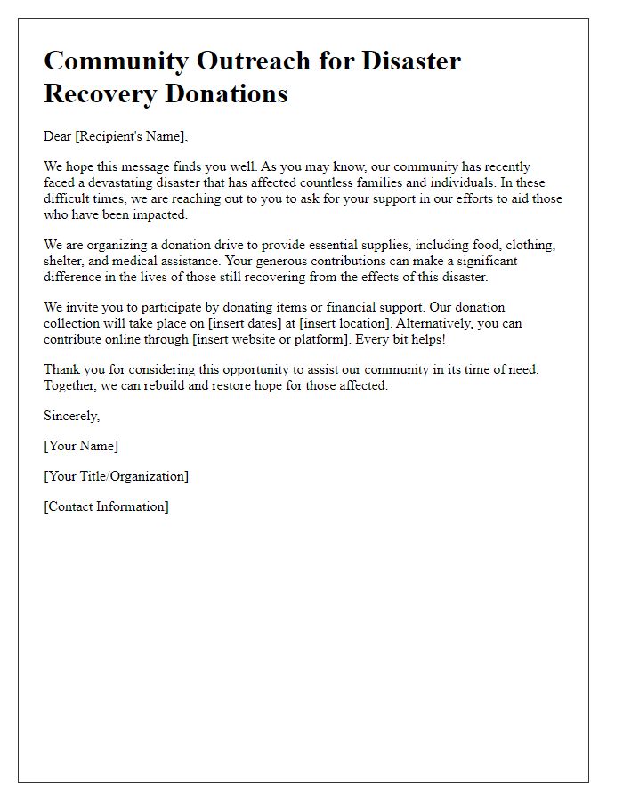 Letter template of community outreach for disaster recovery donations.