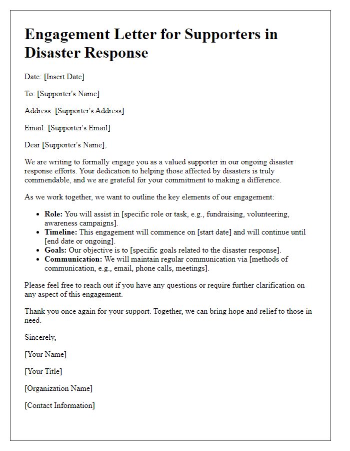 Letter template of engagement letter for supporters in disaster response.