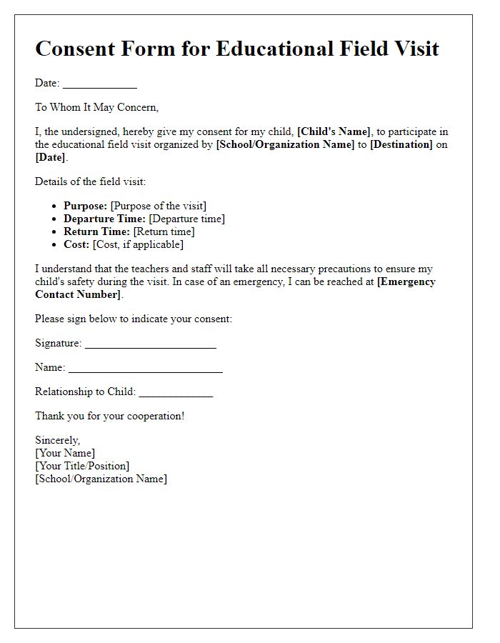 Letter template of consent form for educational field visit.