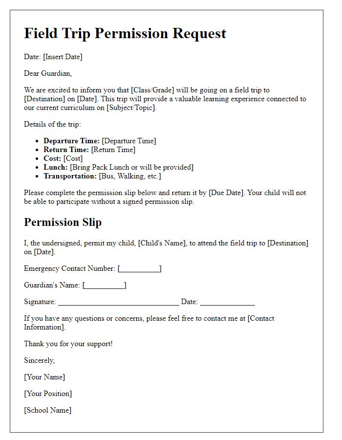 Letter template of field trip permission request for guardians.