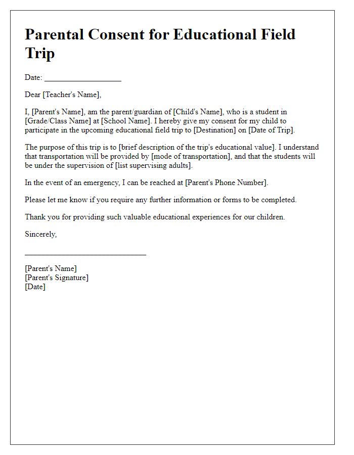 Letter template of parental consent for educational field trip.