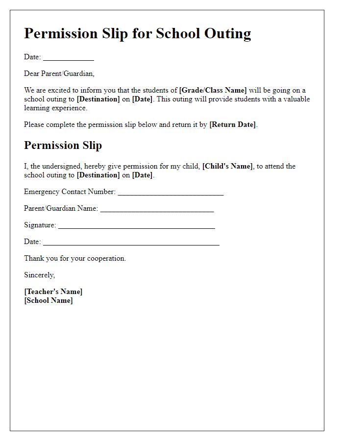 Letter template of permission slip for school outing.