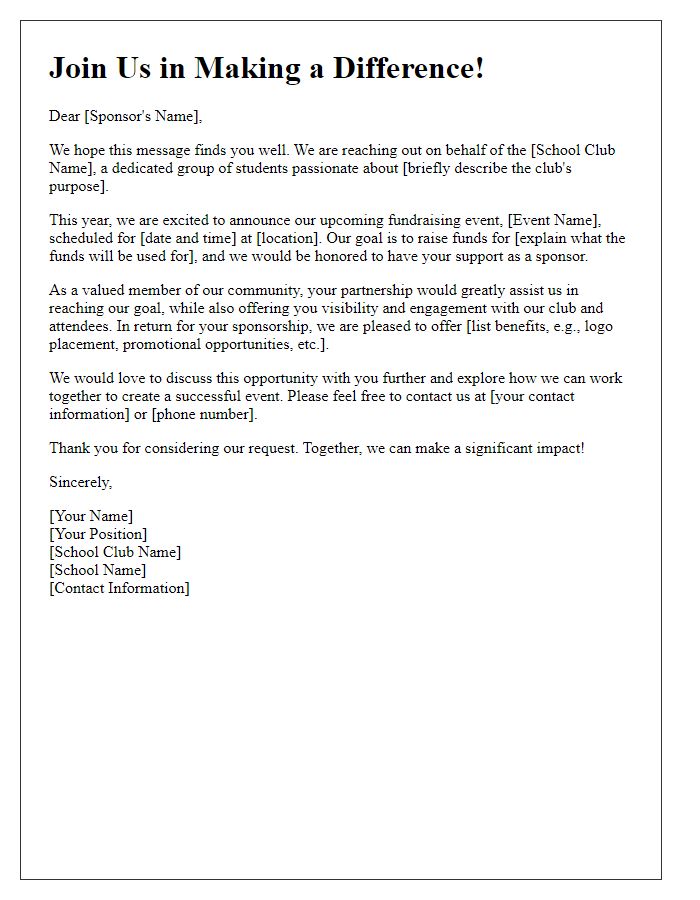 Letter template of school club fundraising sponsorship invitation.