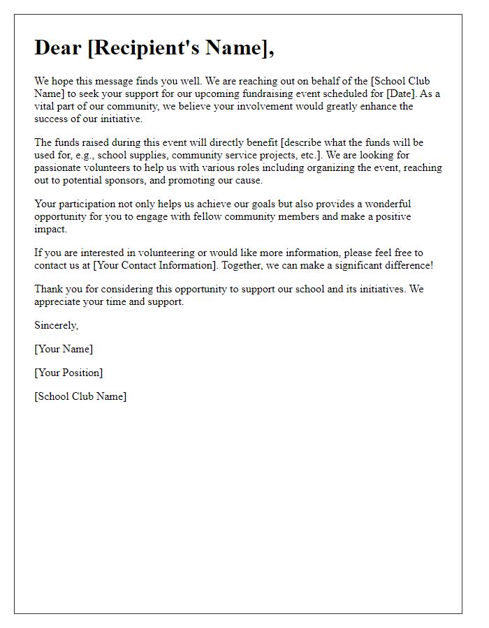 Letter template of school club fundraising volunteer appeal.