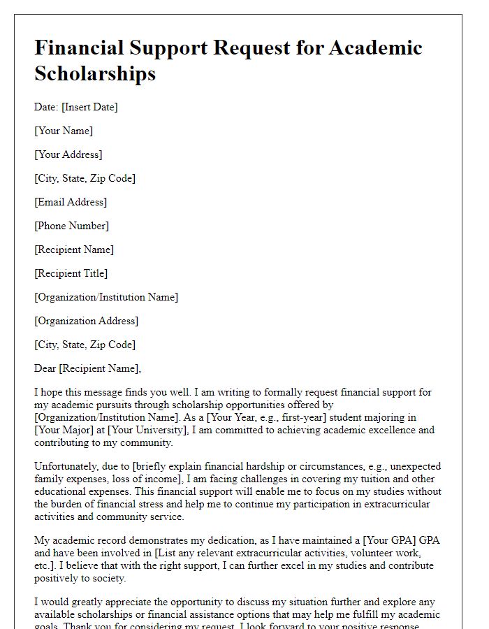 Letter template of financial support request for academic scholarships.