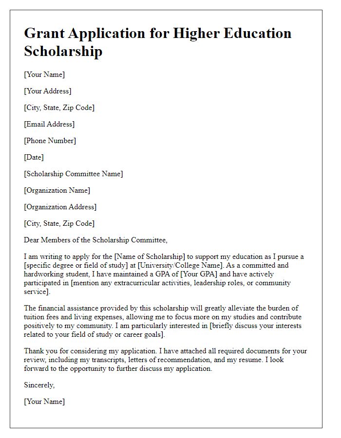 Letter template of grant application for higher education scholarships.