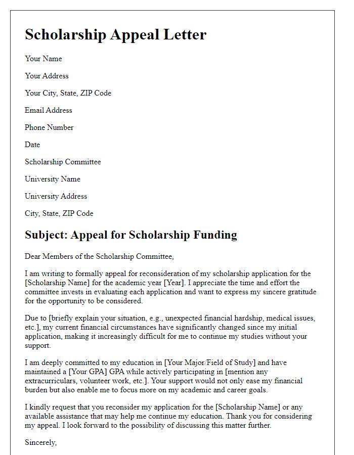 Letter template of scholarship appeal for university funding.