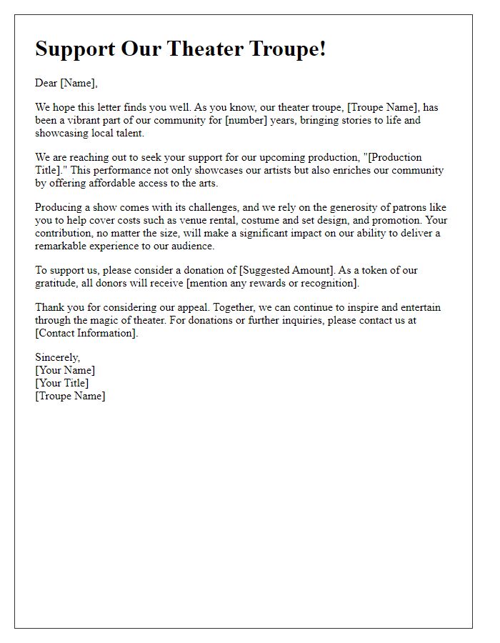 Letter template of fundraiser appeal for theater troupe support.