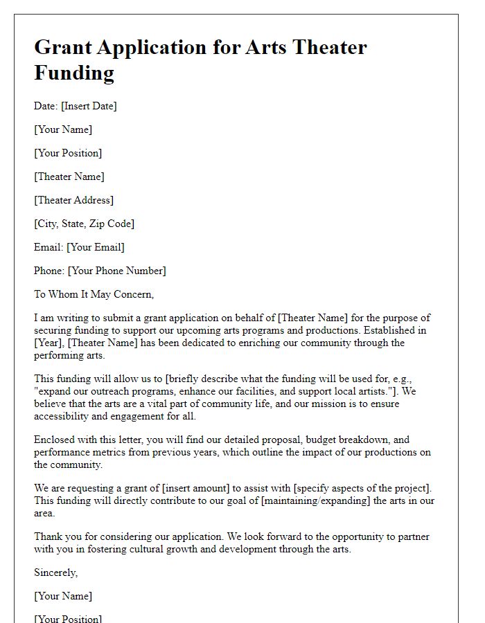 Letter template of grant application for arts theater funding.