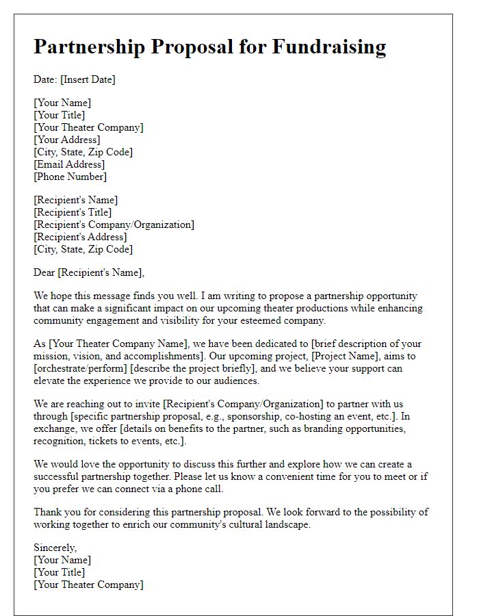 Letter template of partnership proposal for theater company fundraising.