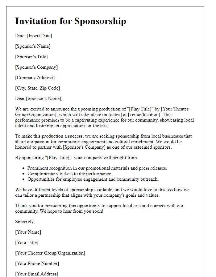 Letter template of sponsorship invitation for local play production.