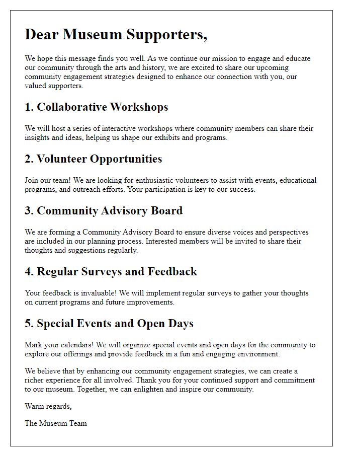 Letter template of community engagement strategies for museum supporters.