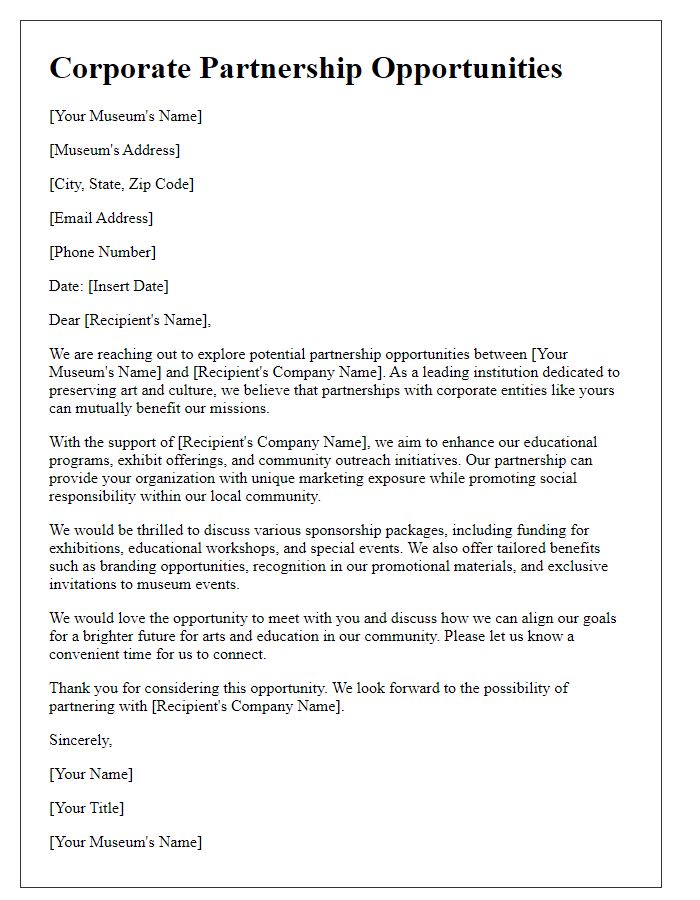 Letter template of corporate partnership opportunities for museum funding.