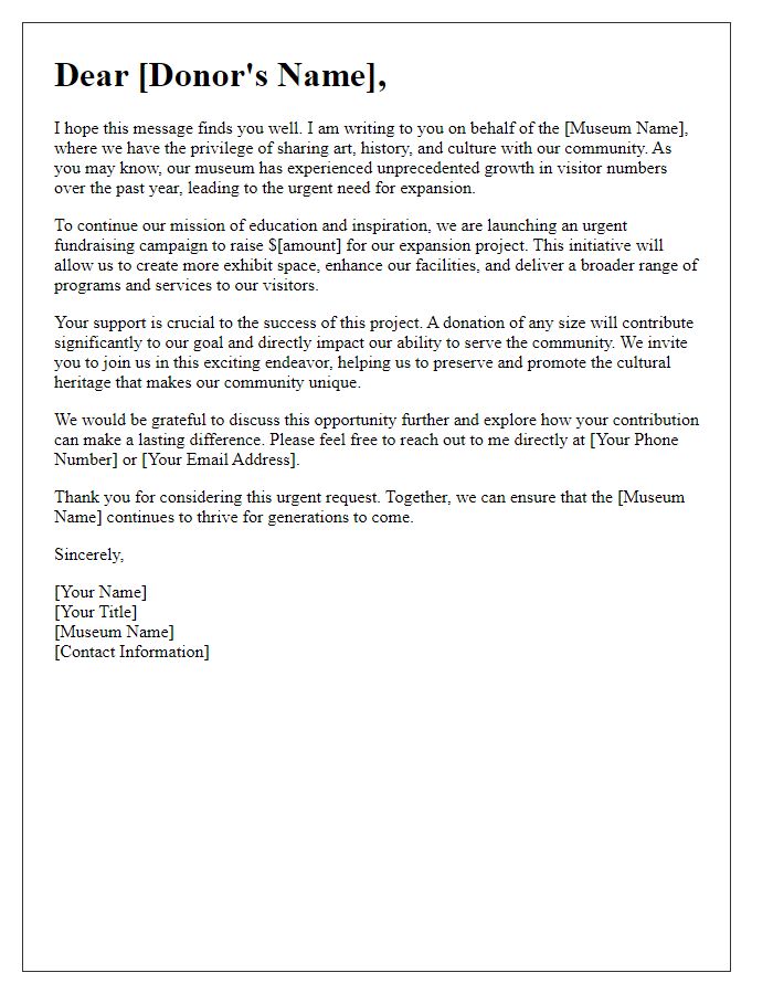 Letter template of urgent fundraising request for museum expansion.