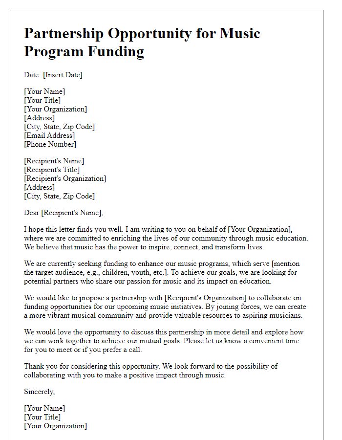 Letter template of partnership opportunity for music program funding.