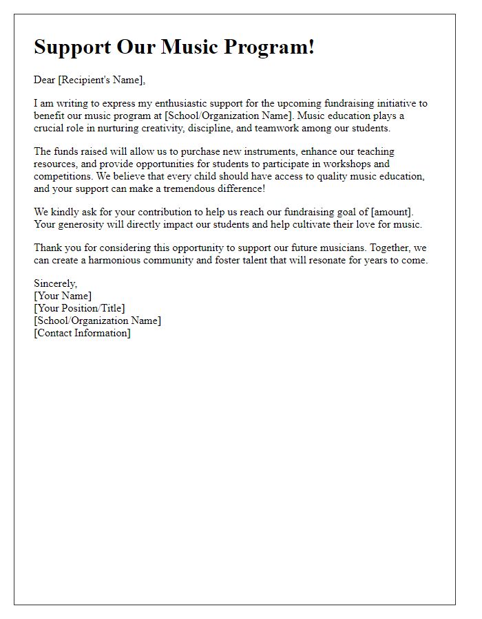 Letter template of support for music program fundraising initiative.