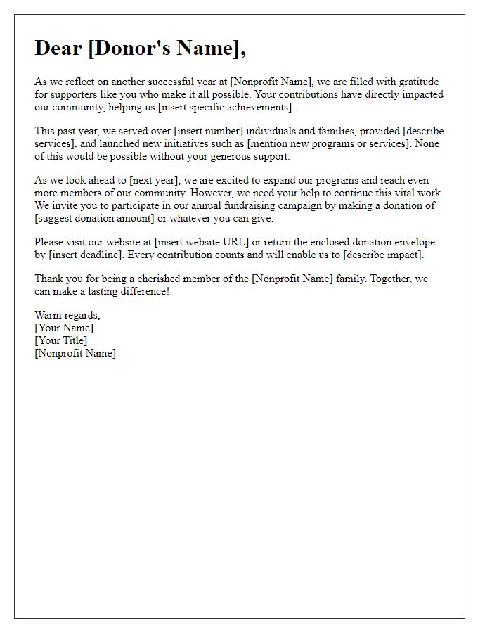 Letter template of a community-focused nonprofit annual fundraising note.