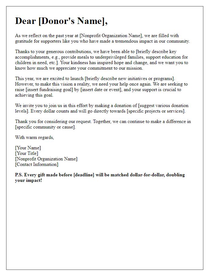 Letter template of a donor-focused nonprofit annual fundraising correspondence.