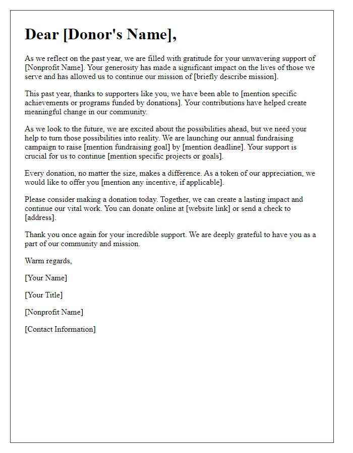 Letter template of a gratitude-driven nonprofit annual fundraising letter.