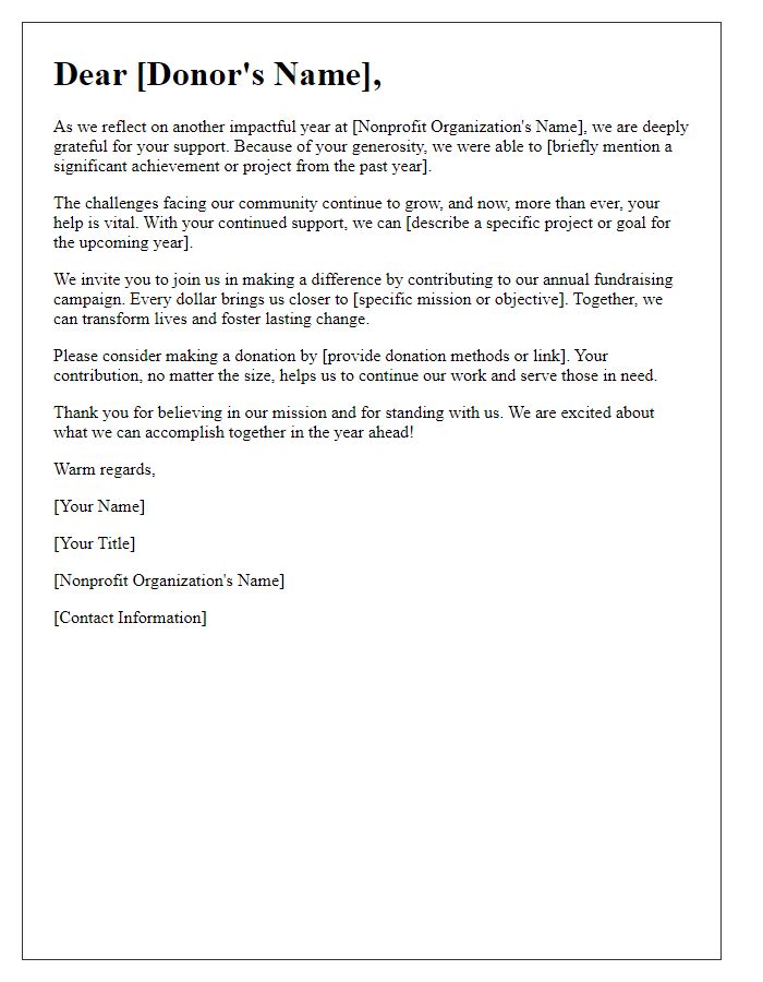 Letter template of a mission-driven nonprofit annual fundraising communication.