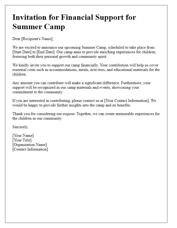 Letter template of summer camp financial support invitation.