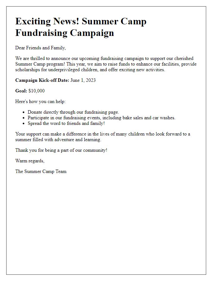 Letter template of summer camp fundraising campaign announcement.