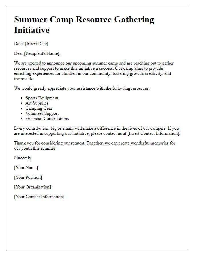 Letter template of summer camp resource gathering initiative.