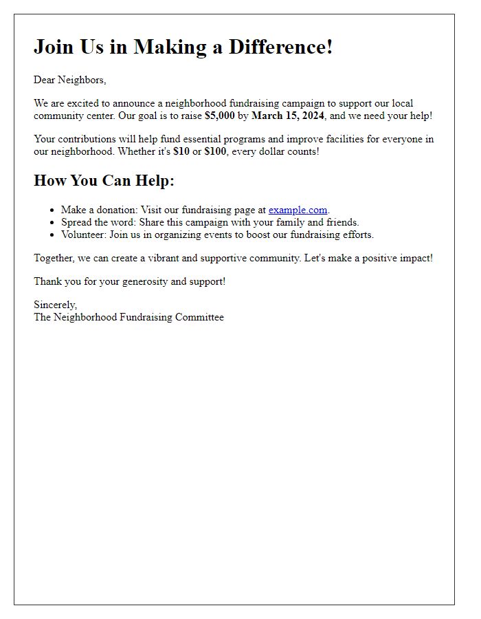 Letter template of call to action for neighborhood fundraising campaign.