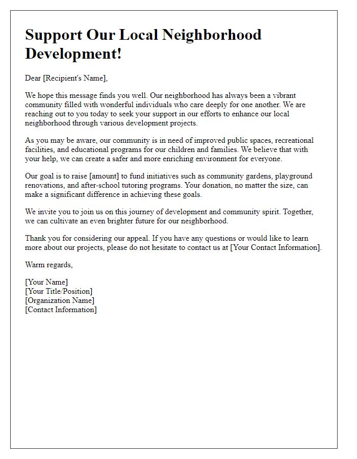 Letter template of charitable appeal for local neighborhood development.