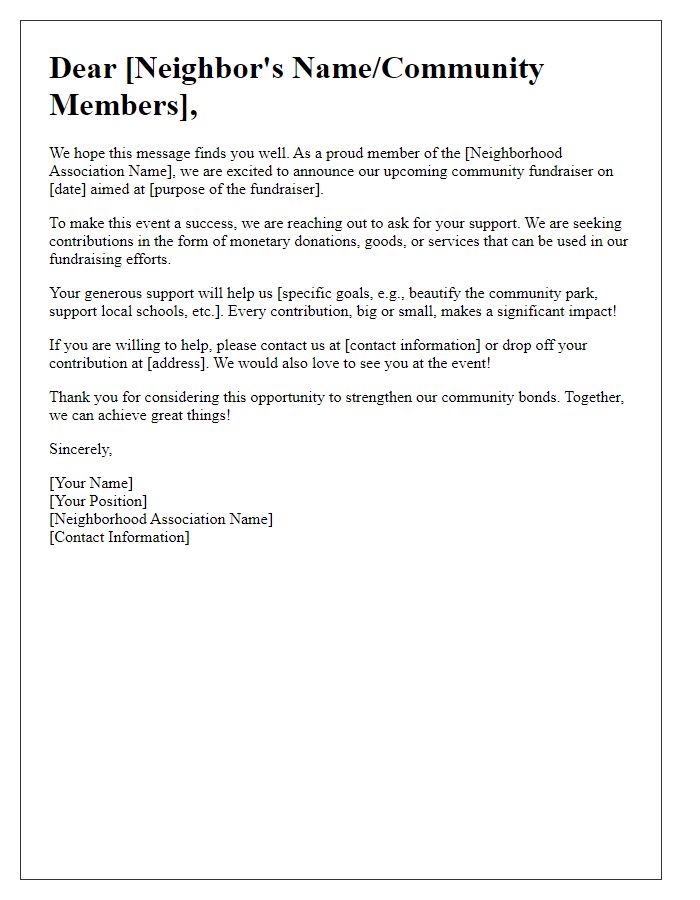 Letter template of community fundraising request for neighborhood association.