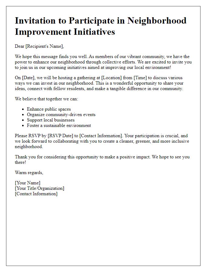 Letter template of philanthropic invitation for neighborhood improvement initiatives.