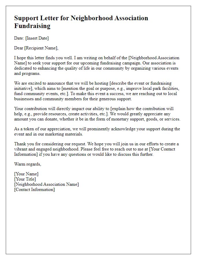 Letter template of support letter for neighborhood association fundraising.