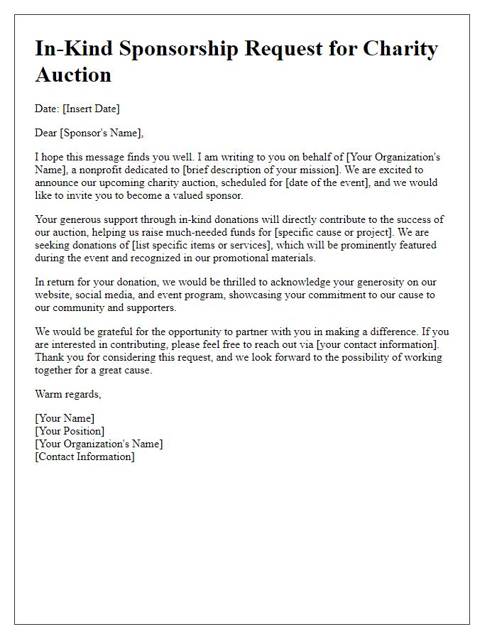 Letter template of in-kind sponsorship request for charity auction