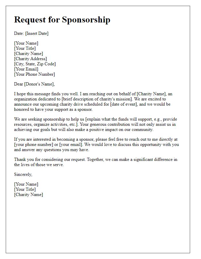 Letter template of individual donor sponsorship request for charity drive