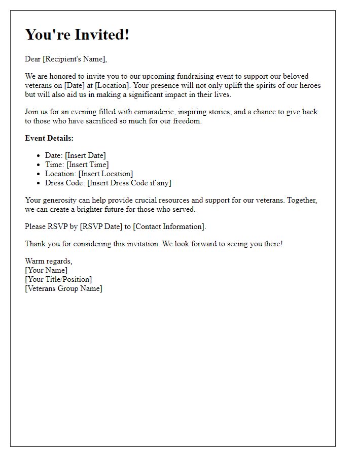 Letter template of heartfelt invitation for veterans group fundraising event.