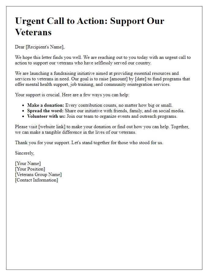 Letter template of urgent call to action for veterans group fundraising initiative.