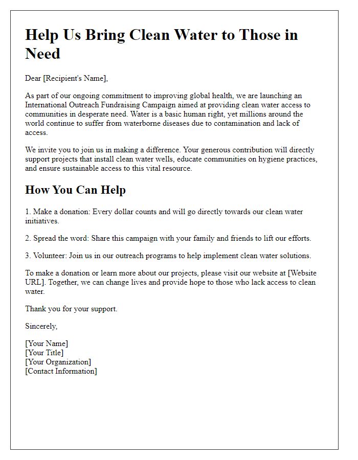 Letter template of International Outreach Fundraising Campaign for Clean Water Access