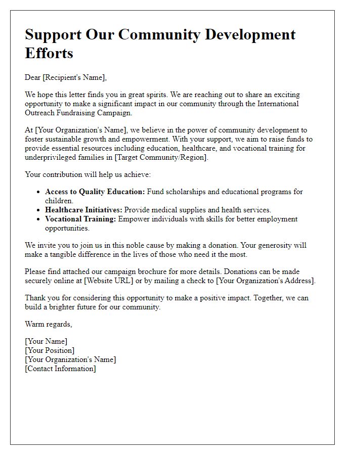 Letter template of International Outreach Fundraising Campaign for Community Development