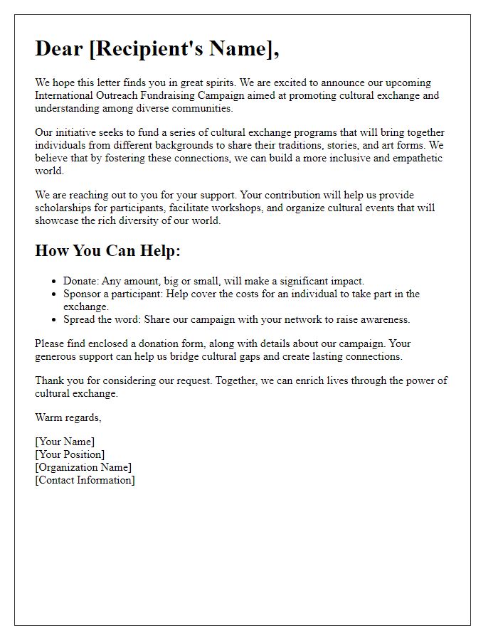 Letter template of International Outreach Fundraising Campaign for Cultural Exchange