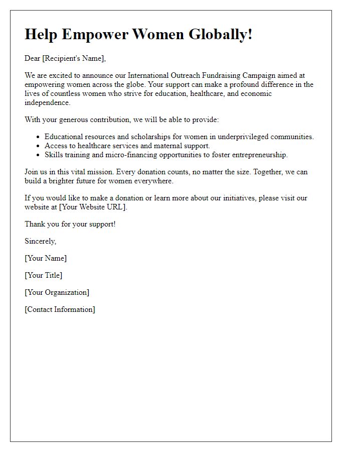 Letter template of International Outreach Fundraising Campaign for Women's Empowerment