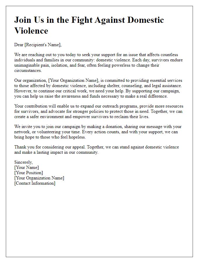 Letter template of a campaign appeal for support against domestic violence.