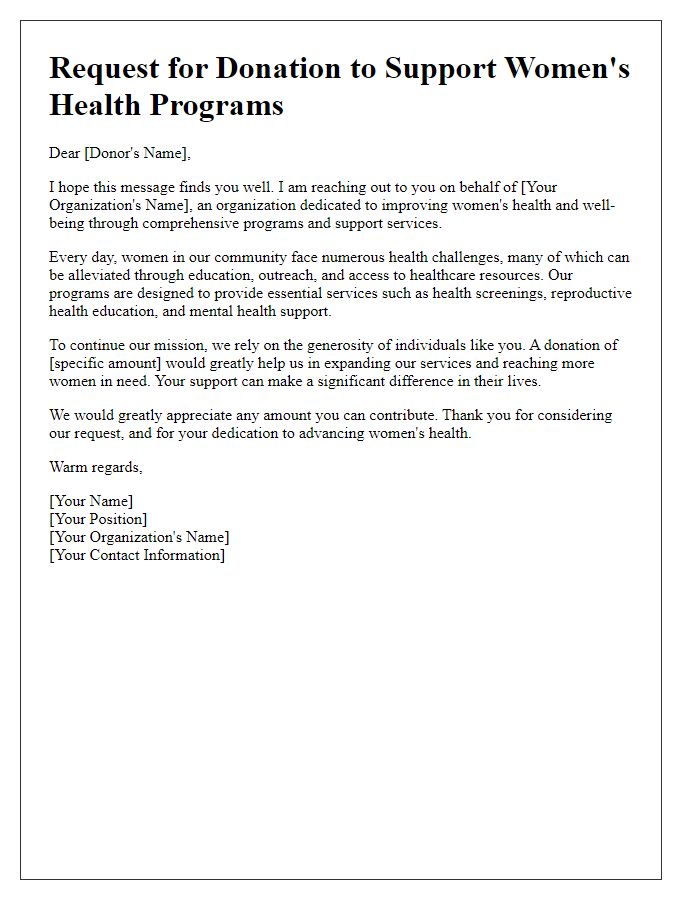 Letter template of a donation request for women's health programs.