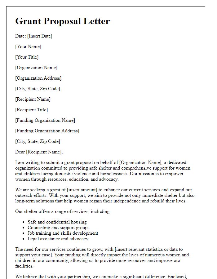 Letter template of a grant proposal for women's shelter funding.